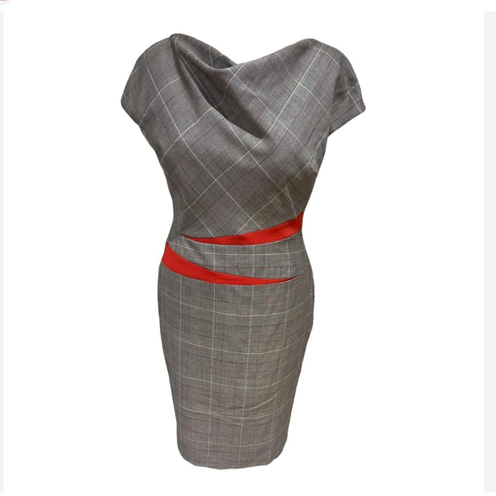 Escada Gray Plaid Midi Dress with Red Accent Cutouts